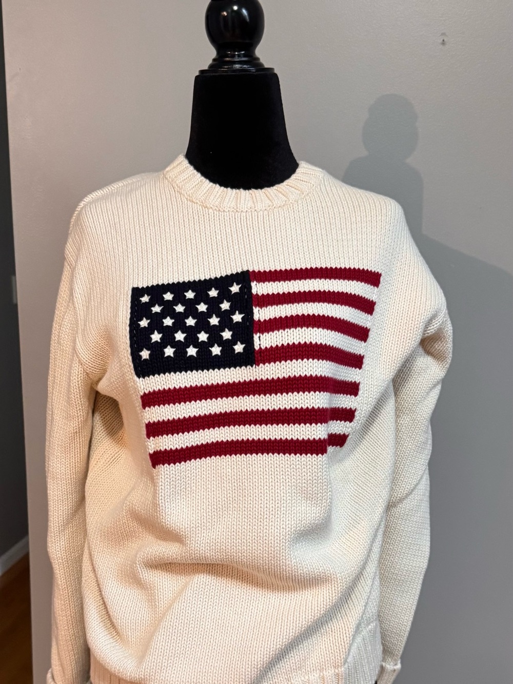 One Size Brandy Melville Cream Crewneck Sweater with Flag Knit